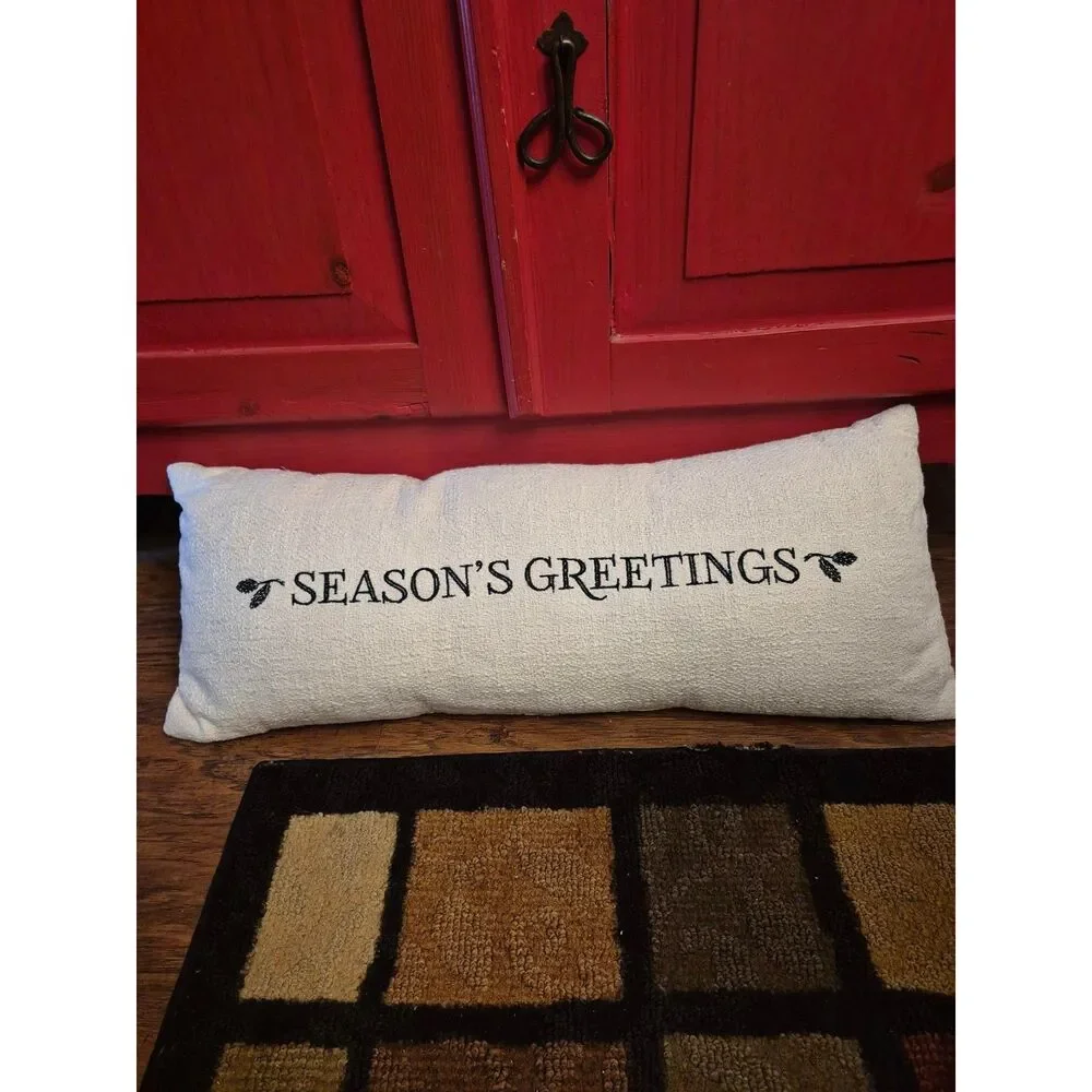 Season's Greetings Long Embroidered Pillow Oversized 29x11 Holiday Season Decor